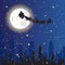 Santa Driving Sledge In Sky Flying Over Night City Background Christmas Holiday Concept