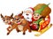 Santa and elf cartoon a riding in sled sleigh and gift bag with two reindeer