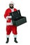 Santa with empty chest or box of gifts. Arabic young Santa Claus with black beard holds chest on white background