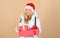 Santa girl. Fashion trend. Winter season. Accessory for celebration. Get bonus. Christmas gifts for customers. Loyalty