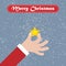 Santa hand with star. Christmas background with greeting ribbon