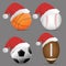 Santa Hat with basketball and football or soccer and rugby or american football and baseball on gray background.set of sports ball