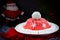 Santa hat Christmas cake. Winter hat cake with traditional ornament decoration. New Year dessert, Christmas treat for kids, Chris