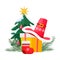 Santa Hat on Giftbox near Decorated Christmas Tree