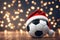 Santa hat on top of a soccer ball, christmas wallpaper, sports store banner