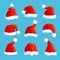 Santa hats. Cartoon christmas costume caps with fur. Santa claus hat vector set