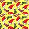 Santa hats, Christmas sock with Santa, bear, deer and snowman on yellow background