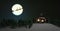 Santa and his reindeer on full moon background and snowy town.3D rendering