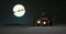 Santa and his reindeer on full moon background and snowy town.3D rendering
