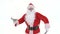 Santa holds fan of dollars money. Santa Claus is dancing with dollars on white background