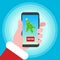 Santa holds phone with christmas tree cursor pointer arrow on the screen