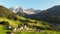 Santa Maddalena Magdalena village with majestic Gruppo delle Odle mountain range in the background, Val di Funes valley,