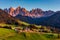 Santa Maddalena (Santa Magdalena) village with magical Dolomites mountains in background, Val di Funes valley, Trentino Alto Adige