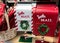 Santa Mail. Red and white mailboxes with green wreaths for letters to Santa Claus. Christmas decorations