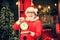 Santa make funny face and holding clock showing five minutes to midnight. Santa Claus holding alarm clock against