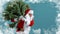 Santa man carrying artificial christmas tree. Christmas, new year, holidays. Bearded man dressed in festive costume of