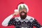Santa man wear christmas tree party glasses. Holiday accessories christmas party. Christmas and New Year celebration