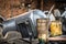 Santa Maria de Fe, Misiones, Paraguay - Drinking Cup for Terere Yerba Mate and Welding Mask on Table in Ilefonso`s Car Repair Shop