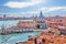 Santa Maria della Salute and Punta della Dogana in the Grand Canal of Venice, view from the top of Basilica San Marco