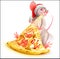 Santa mouse character 2020 year eating pizza with cheese. Vector cartoon