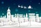 Santa on night sky in city town paper art Winter background. Christmas season paper cut style illustration