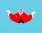 Santa Pig yoga. Christmas meditating. Piggy with beard in red suit lotus pose. Illustration for new year