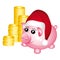 Santa piggy bank with stacks of money.