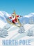 Santa playing ski on north pole travel poster illustration