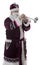 Santa plays the trumpet on a white