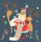 Santa reading a long Christmas wish list with deer