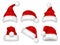 Santa red hat. Party fur christmas traditional velvet hat vector realistic images