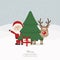 Santa and reindeer behind christmas tree snowy background