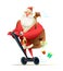 Santa ride on segway. Gifts falling from the bag. Electric Scooter Christmas Greeting Card. Flat Design Vector