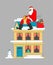 Santa on roof puts gift in chimney. Christmas and New Year. Xmas vector illustration