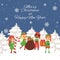 Santa s elves at the winter landscape carrying santa claus presents vector illustration. Merry Christmas card with