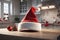 Santa\\\'s hat on top of a table in a kitchen, Christmas wallpaper