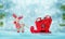 Santa`s sleigh full of gifts in snow. Deer pulls the sled. Cute wooden toy