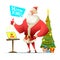 Santa is showing a thumbs-up. Merry Christmas greeting card. On the table stands a laptop with a button gift on screen