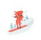 Santa Skier Riding Downhills at Winter Season. Christmas Character Athlete in Red Tracksuit, Hat and Sunglasses Skiing