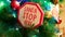 Santa stop here sign on decorated christmas tree. Copy space