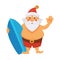 Santa summer vacations ocean surfboard daily Christmas life cartoon character vector icon