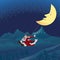 Santa swinging rope tie up with crescent moon in the winter nigh