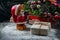 Santa Teddy Bear, Gift box wrapped linen cloth and decorated with cord, christmas decoration on brown vintage wooden boards backg