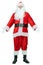 Santa throws up his hands. Full-height Santa Claus hugs, invites on white background. Christmas coming