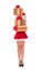 Santa woman with slender legs and golden christmas gifts isolate