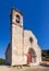 Santarem, Portugal. Facade with gothic portal and bell tower or belfry of the Igreja de Santa Cruz Church