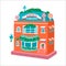 Santas workshop. Colorful New Years house, cottage with decorations and garlands. Building for design of postcards