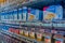 SANTIAGO, CHILE - OCTOBER 09, 2018: Close up of coin machine of juice and some products located inside of a building in