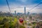 SANTIAGO, CHILE - OCTOBER 16, 2018: Cable car in San Cristobal hill, overlooking a panoramic view of Santiago de Chile