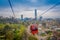 SANTIAGO, CHILE - OCTOBER 16, 2018: Cable car in San Cristobal hill, overlooking a panoramic view of Santiago de Chile